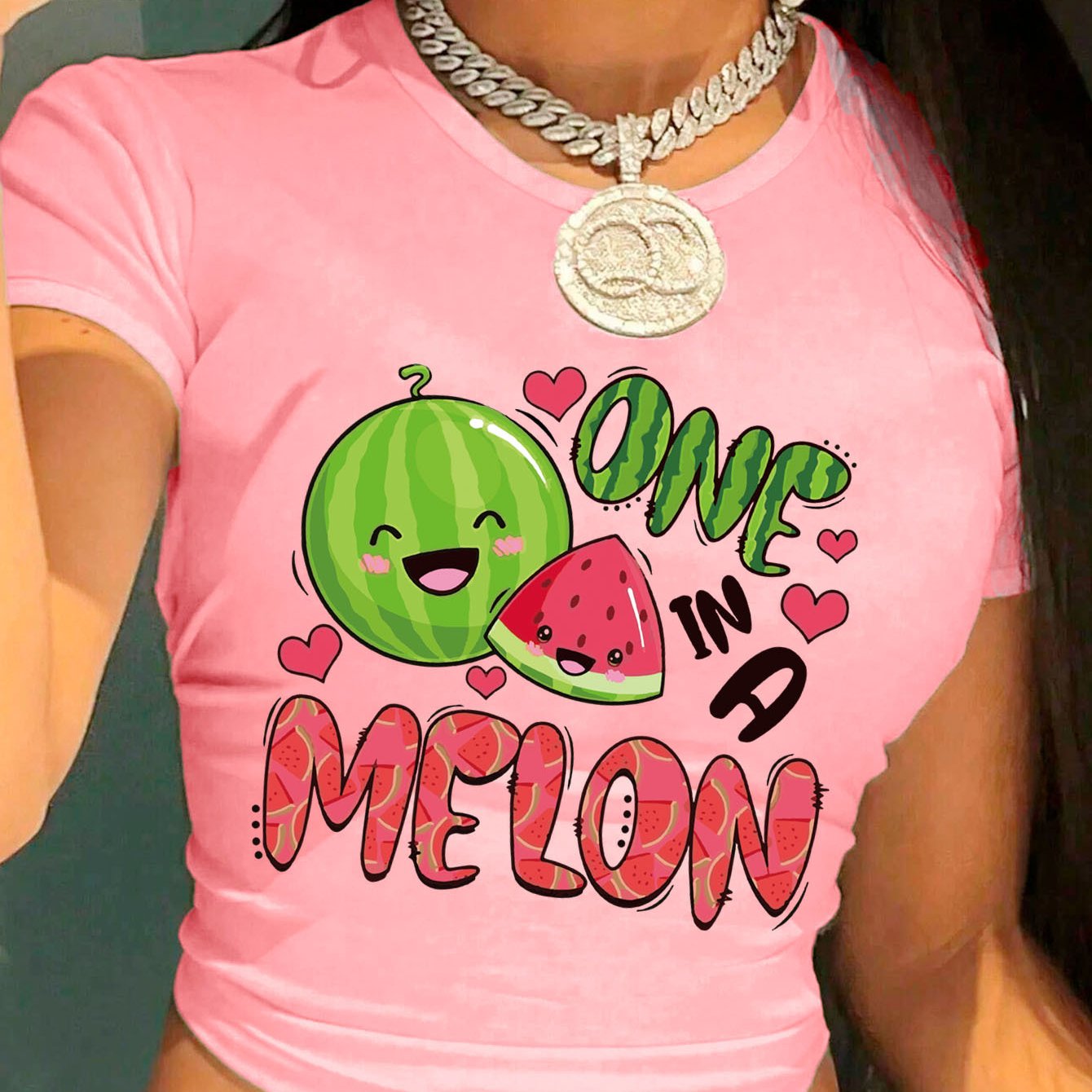 Women's Y2K Graphic Print Cropped T-Shirt - "ONE IN A MELON" Watermelon & Hearts Design, Light Grey Short Sleeve Crop Top, Machine Washable Casual Summer Tee, Tiktok Style Clothing | Crop Top Style | Nontransparent Fabric, Cu